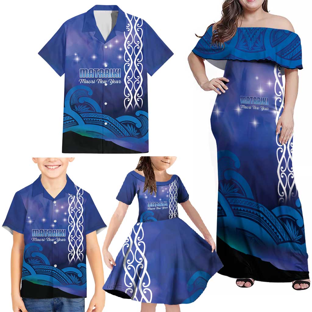 Personalised Matariki New Zealand Family Matching Off Shoulder Maxi Dress and Hawaiian Shirt Maori New Year Galaxy Koru Pattern LT14 - Polynesian Pride