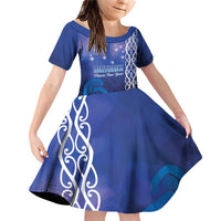 Personalised Matariki New Zealand Family Matching Off Shoulder Short Dress and Hawaiian Shirt Maori New Year Galaxy Koru Pattern LT14 Daughter's Dress Blue - Polynesian Pride