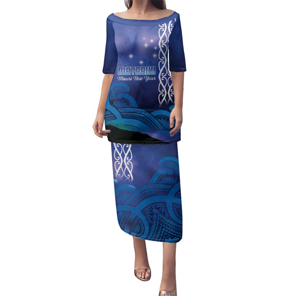 Personalised Matariki New Zealand Family Matching Puletasi and Hawaiian Shirt Maori New Year Galaxy Koru Pattern LT14 Mom's Dress Blue - Polynesian Pride