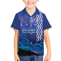 Personalised Matariki New Zealand Family Matching Puletasi and Hawaiian Shirt Maori New Year Galaxy Koru Pattern LT14 Son's Shirt Blue - Polynesian Pride