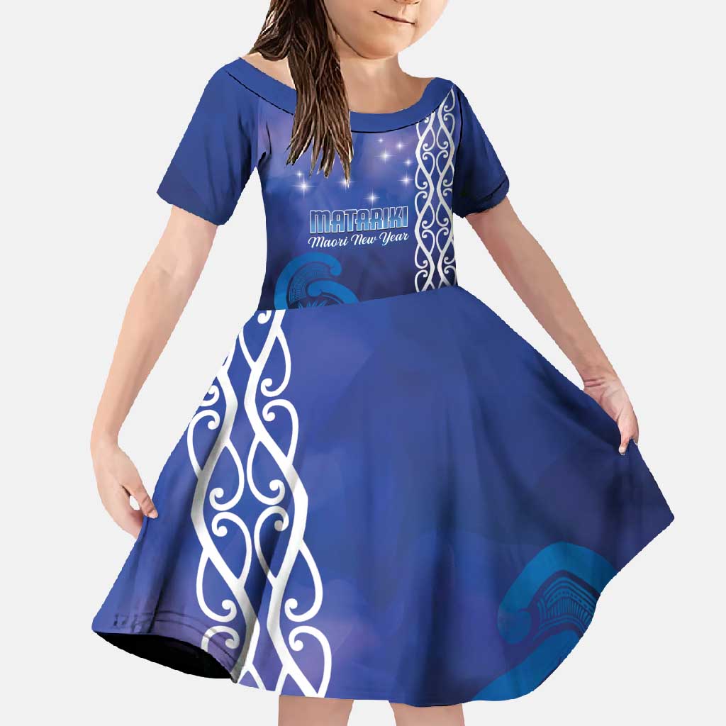 Personalised Matariki New Zealand Family Matching Short Sleeve Bodycon Dress and Hawaiian Shirt Maori New Year Galaxy Koru Pattern LT14 Daughter's Dress Blue - Polynesian Pride