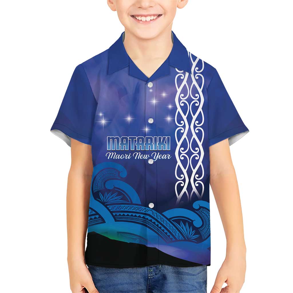 Personalised Matariki New Zealand Family Matching Short Sleeve Bodycon Dress and Hawaiian Shirt Maori New Year Galaxy Koru Pattern LT14 Son's Shirt Blue - Polynesian Pride