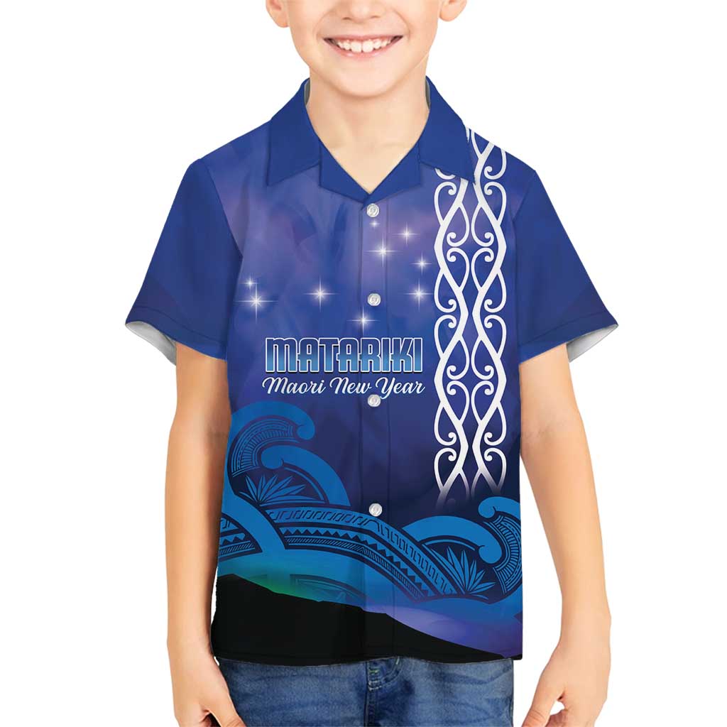 Personalised Matariki New Zealand Family Matching Tank Maxi Dress and Hawaiian Shirt Maori New Year Galaxy Koru Pattern LT14 Son's Shirt Blue - Polynesian Pride