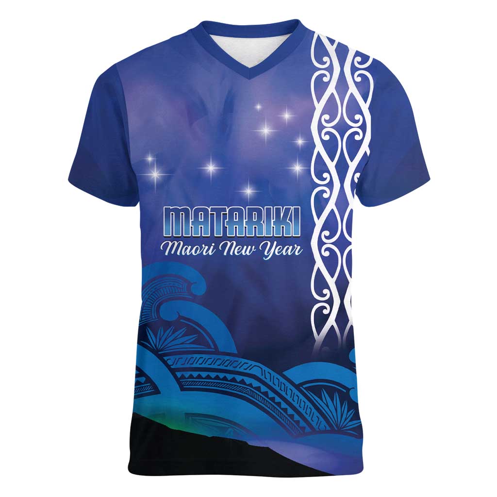 Personalised Matariki New Zealand Women V-Neck T-Shirt Maori New Year Galaxy Koru Pattern LT14 Female Blue - Polynesian Pride