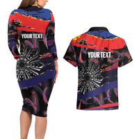 Philippines Sun Tattoo Couples Matching Long Sleeve Bodycon Dress and Hawaiian Shirt Feathers Filipinas Grunge Style Black LT14 - Polynesian Pride