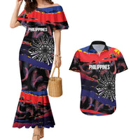 Philippines Sun Tattoo Couples Matching Mermaid Dress and Hawaiian Shirt Feathers Filipinas Grunge Style Black LT14 Black - Polynesian Pride