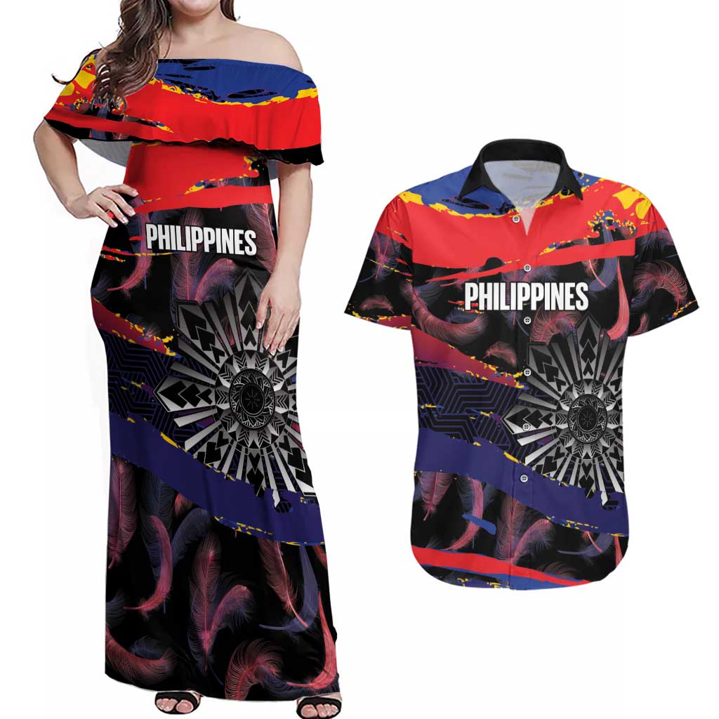 Philippines Sun Tattoo Couples Matching Off Shoulder Maxi Dress and Hawaiian Shirt Feathers Filipinas Grunge Style Black LT14 Black - Polynesian Pride