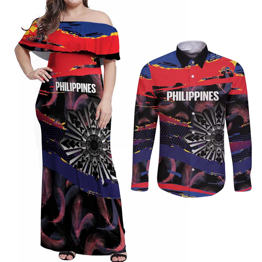 Philippines Sun Tattoo Couples Matching Off Shoulder Maxi Dress and Long Sleeve Button Shirt Feathers Filipinas Grunge Style Black