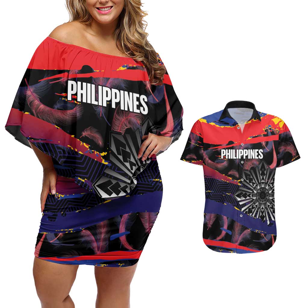 Philippines Sun Tattoo Couples Matching Off Shoulder Short Dress and Hawaiian Shirt Feathers Filipinas Grunge Style Black LT14 Black - Polynesian Pride