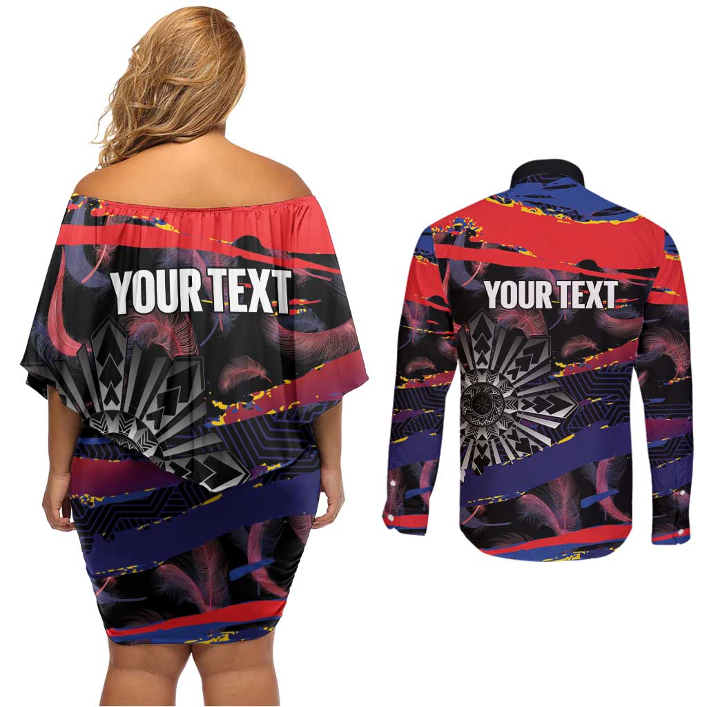 Philippines Sun Tattoo Couples Matching Off Shoulder Short Dress and Long Sleeve Button Shirt Feathers Filipinas Grunge Style Black LT14 - Polynesian Pride