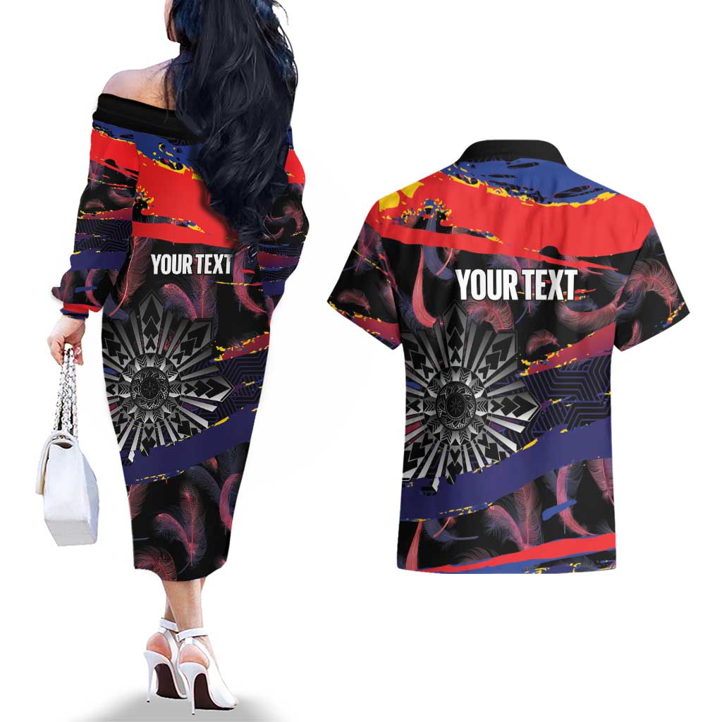 Philippines Sun Tattoo Couples Matching Off The Shoulder Long Sleeve Dress and Hawaiian Shirt Feathers Filipinas Grunge Style Black LT14 - Polynesian Pride