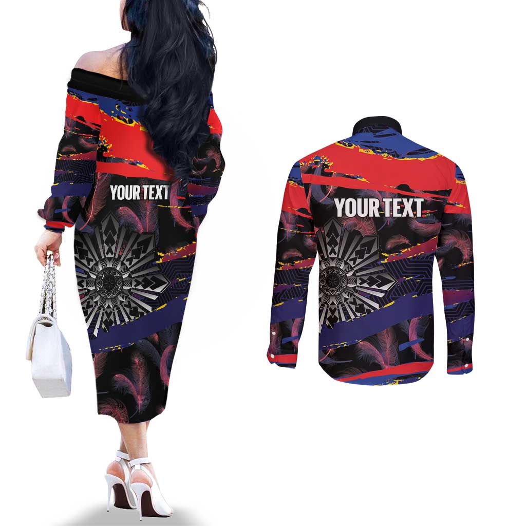 Philippines Sun Tattoo Couples Matching Off The Shoulder Long Sleeve Dress and Long Sleeve Button Shirt Feathers Filipinas Grunge Style Black LT14 - Polynesian Pride