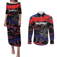 Philippines Sun Tattoo Couples Matching Puletasi and Long Sleeve Button Shirt Feathers Filipinas Grunge Style Black