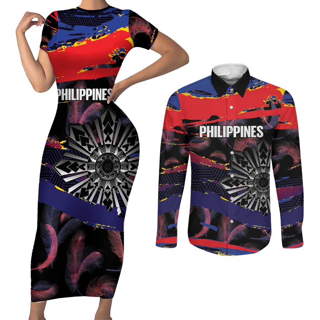 Philippines Sun Tattoo Couples Matching Short Sleeve Bodycon Dress and Long Sleeve Button Shirt Feathers Filipinas Grunge Style Black LT14 Black - Polynesian Pride