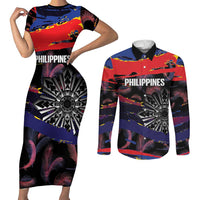 Philippines Sun Tattoo Couples Matching Short Sleeve Bodycon Dress and Long Sleeve Button Shirt Feathers Filipinas Grunge Style Black LT14 Black - Polynesian Pride