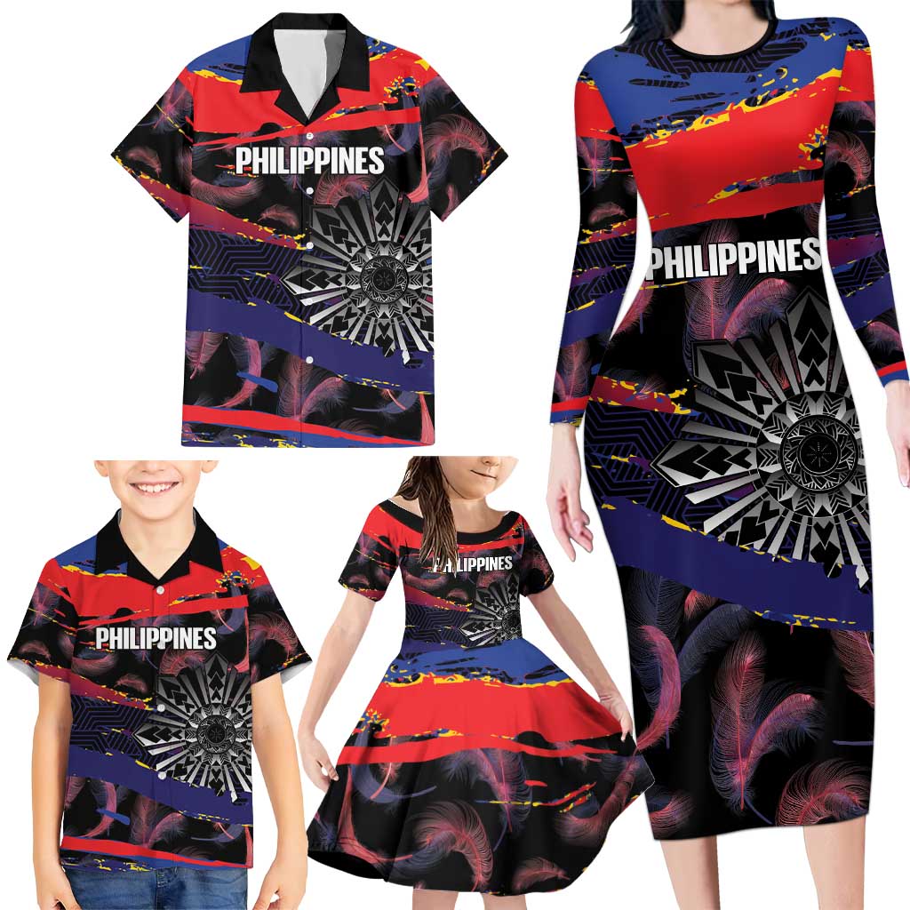 Philippines Sun Tattoo Family Matching Long Sleeve Bodycon Dress and Hawaiian Shirt Feathers Filipinas Grunge Style Black LT14 - Polynesian Pride