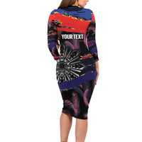 Philippines Sun Tattoo Family Matching Long Sleeve Bodycon Dress and Hawaiian Shirt Feathers Filipinas Grunge Style Black LT14 - Polynesian Pride