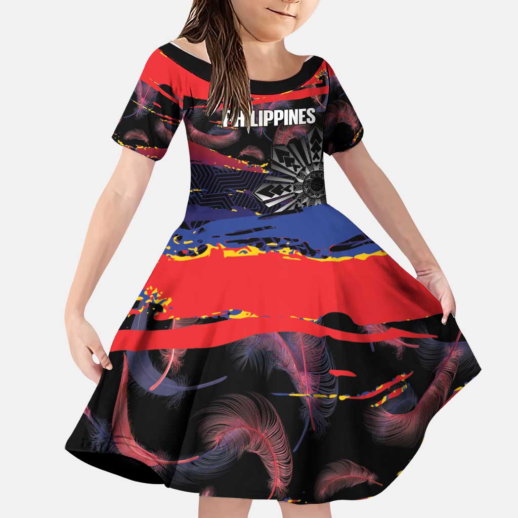 Philippines Sun Tattoo Family Matching Off Shoulder Maxi Dress and Hawaiian Shirt Feathers Filipinas Grunge Style Black LT14 Daughter's Dress Black - Polynesian Pride