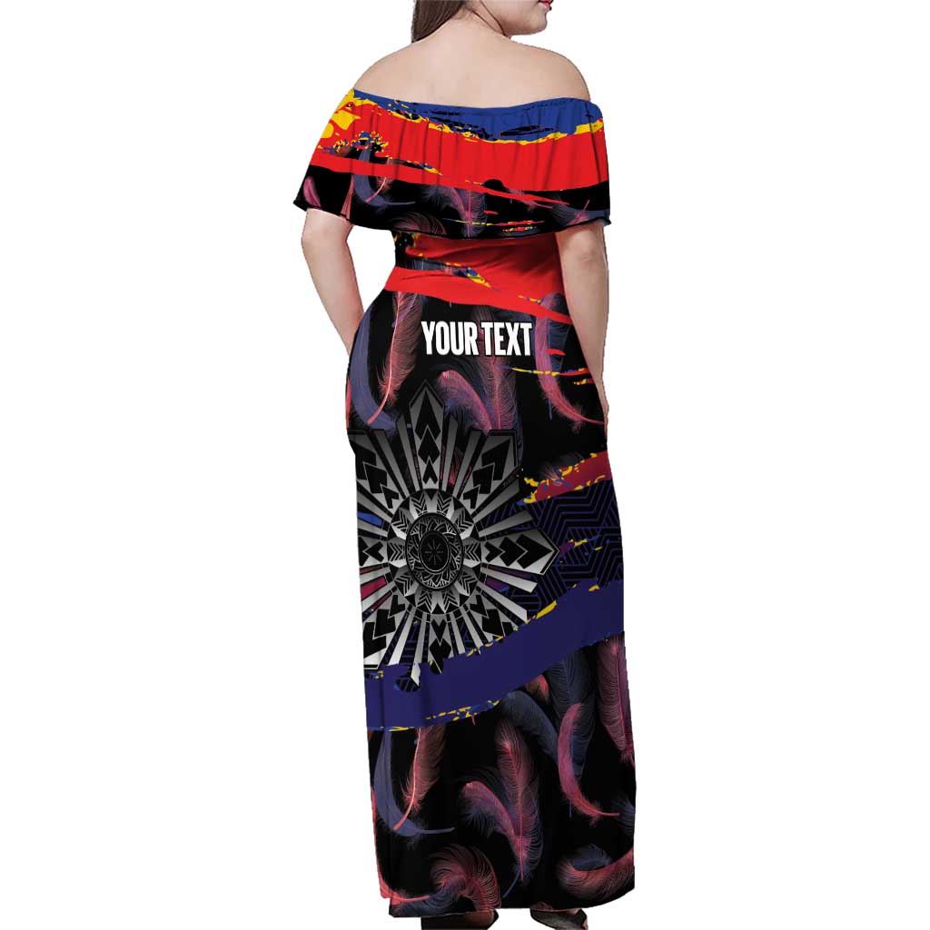 Philippines Sun Tattoo Family Matching Off Shoulder Maxi Dress and Hawaiian Shirt Feathers Filipinas Grunge Style Black LT14 - Polynesian Pride