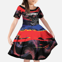 Philippines Sun Tattoo Family Matching Off Shoulder Short Dress and Hawaiian Shirt Feathers Filipinas Grunge Style Black LT14 Daughter's Dress Black - Polynesian Pride