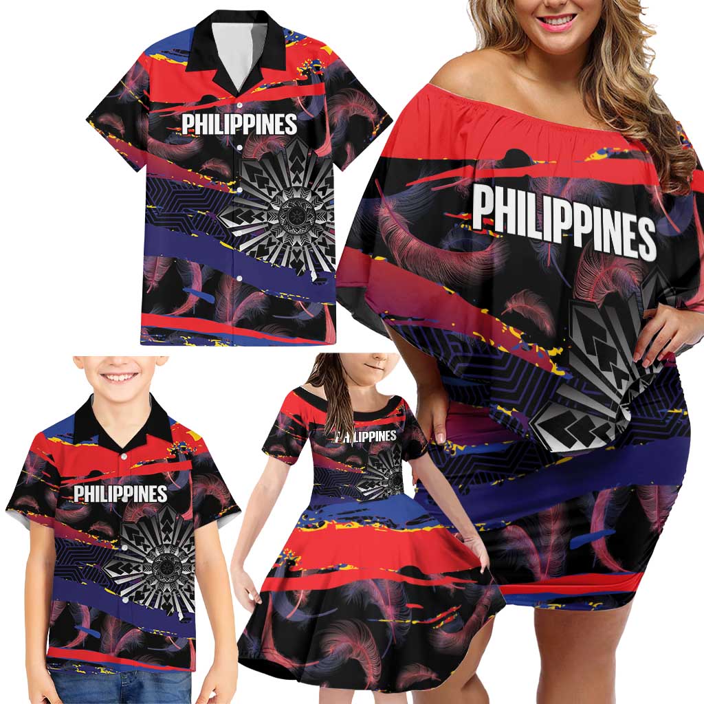 Philippines Sun Tattoo Family Matching Off Shoulder Short Dress and Hawaiian Shirt Feathers Filipinas Grunge Style Black LT14 - Polynesian Pride