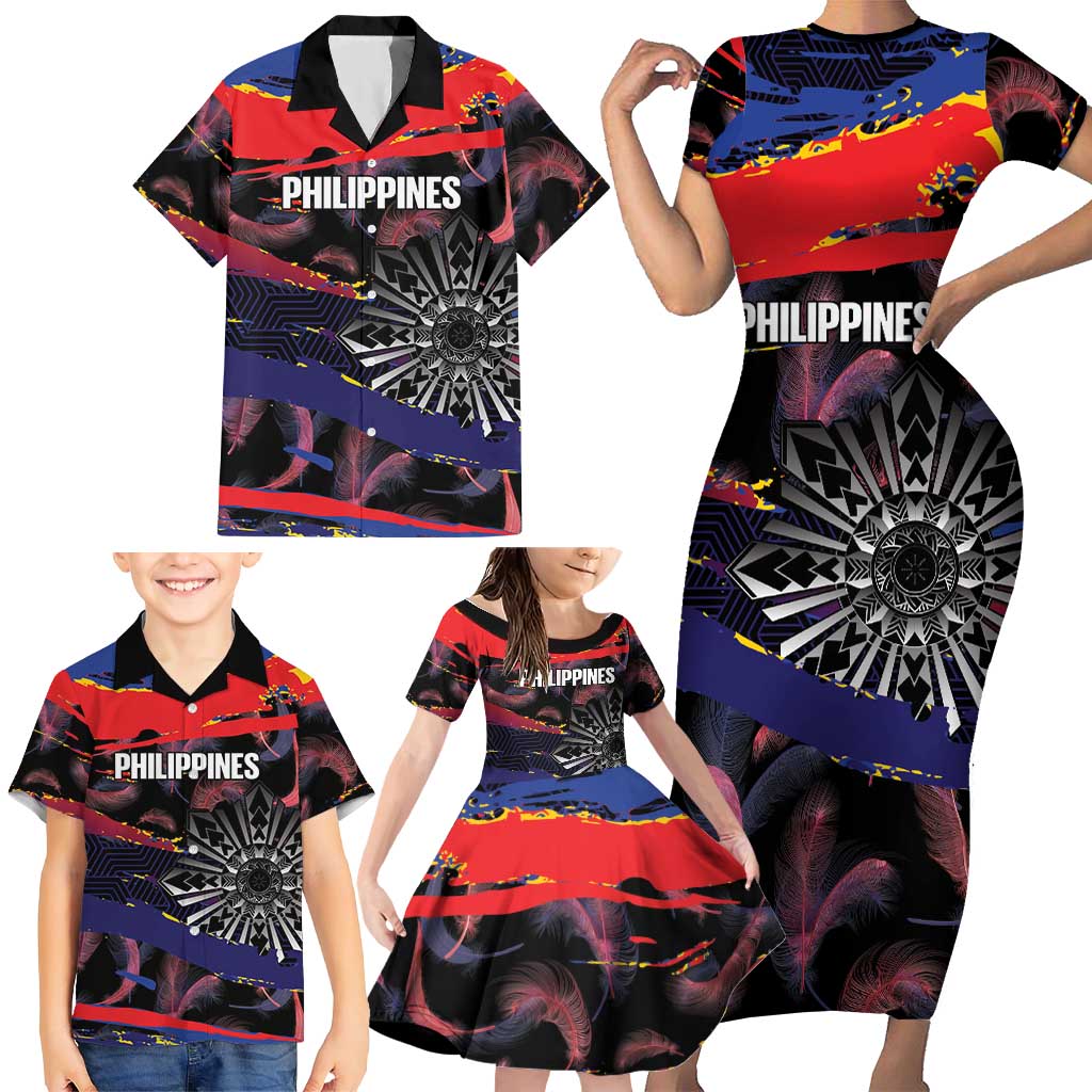 Philippines Sun Tattoo Family Matching Short Sleeve Bodycon Dress and Hawaiian Shirt Feathers Filipinas Grunge Style Black