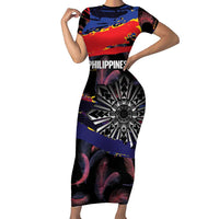 Philippines Sun Tattoo Family Matching Short Sleeve Bodycon Dress and Hawaiian Shirt Feathers Filipinas Grunge Style Black LT14 Mom's Dress Black - Polynesian Pride