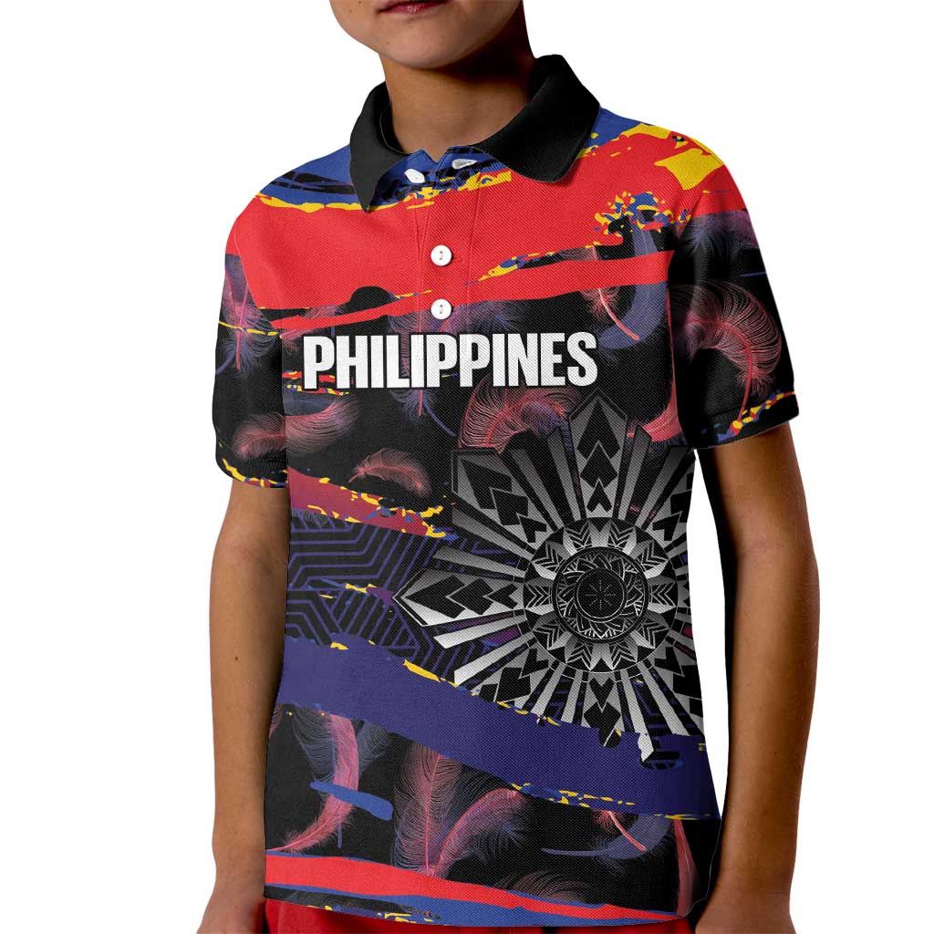 Philippines Sun Tattoo Kid Polo Shirt Feathers Filipinas Grunge Style Black