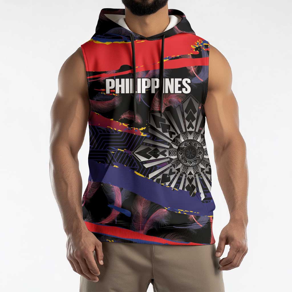 Philippines Sun Tattoo Sleeveless Hoodie Feathers Filipinas Grunge Style Black