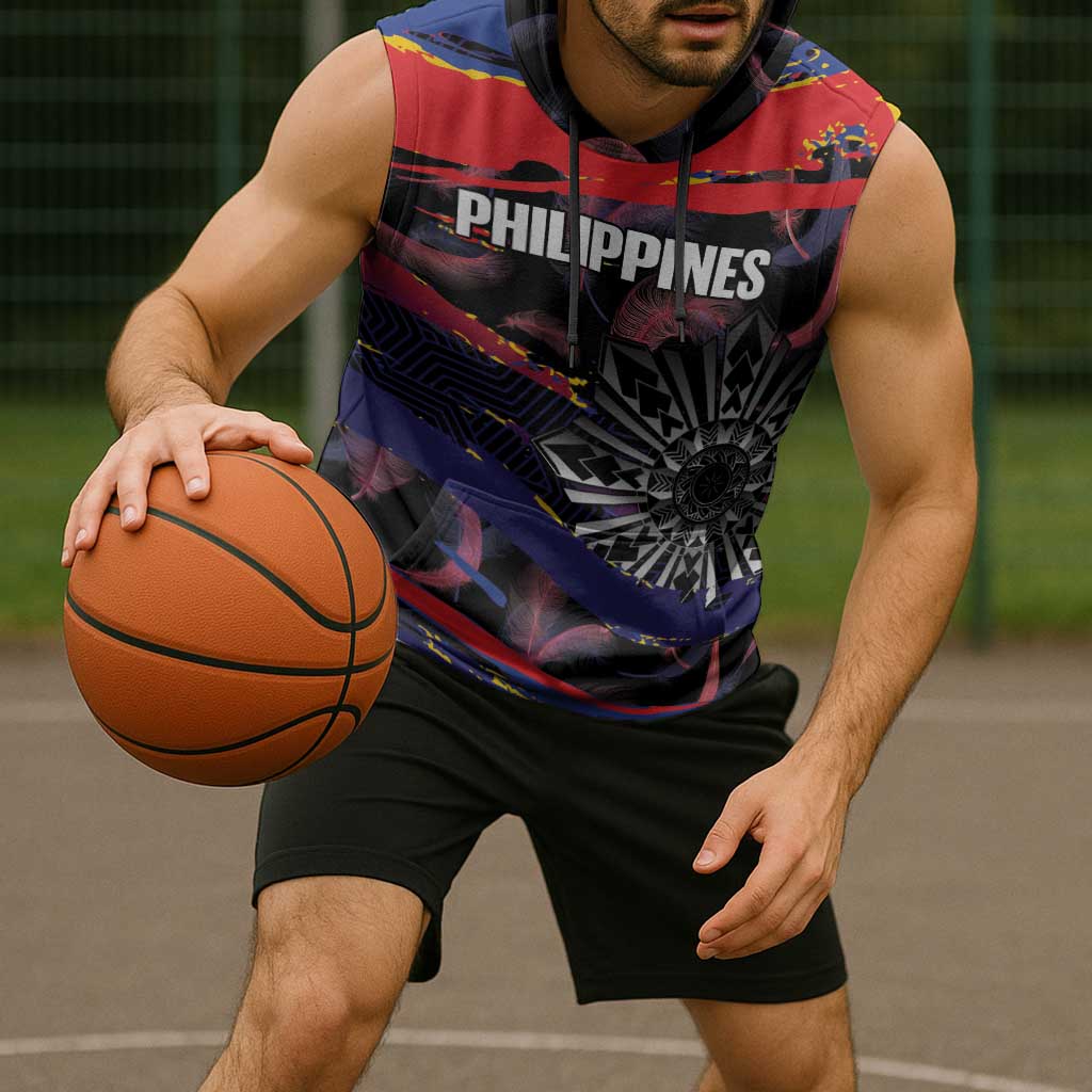 Philippines Sun Tattoo Sleeveless Hoodie Feathers Filipinas Grunge Style Black