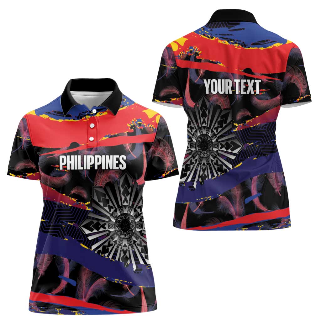 Philippines Sun Tattoo Women Polo Shirt Feathers Filipinas Grunge Style Black