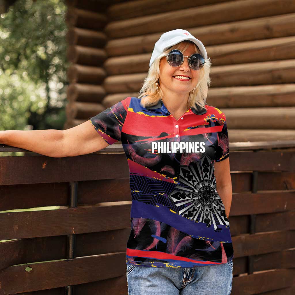 Philippines Sun Tattoo Women Polo Shirt Feathers Filipinas Grunge Style Black