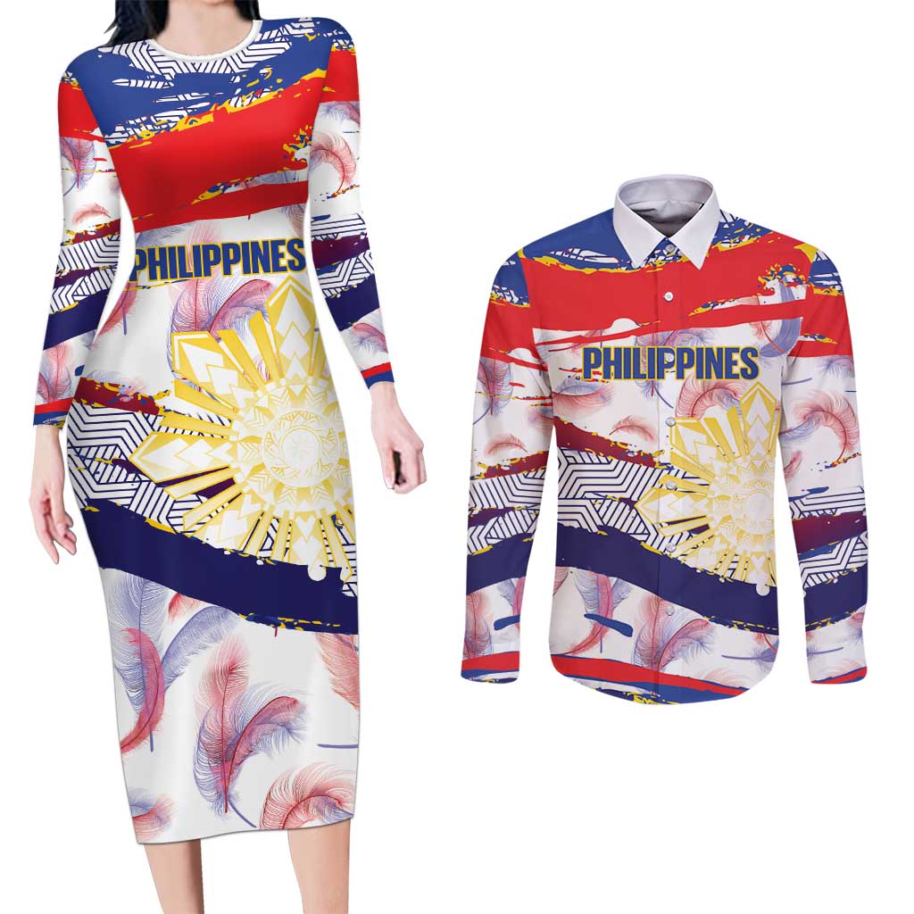 Philippines Sun Tattoo Couples Matching Long Sleeve Bodycon Dress and Long Sleeve Button Shirt Feathers Filipinas Grunge Style White LT14 White - Polynesian Pride
