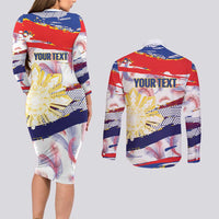 Philippines Sun Tattoo Couples Matching Long Sleeve Bodycon Dress and Long Sleeve Button Shirt Feathers Filipinas Grunge Style White LT14 - Polynesian Pride