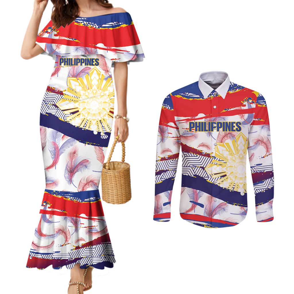 Philippines Sun Tattoo Couples Matching Mermaid Dress and Long Sleeve Button Shirt Feathers Filipinas Grunge Style White LT14 White - Polynesian Pride