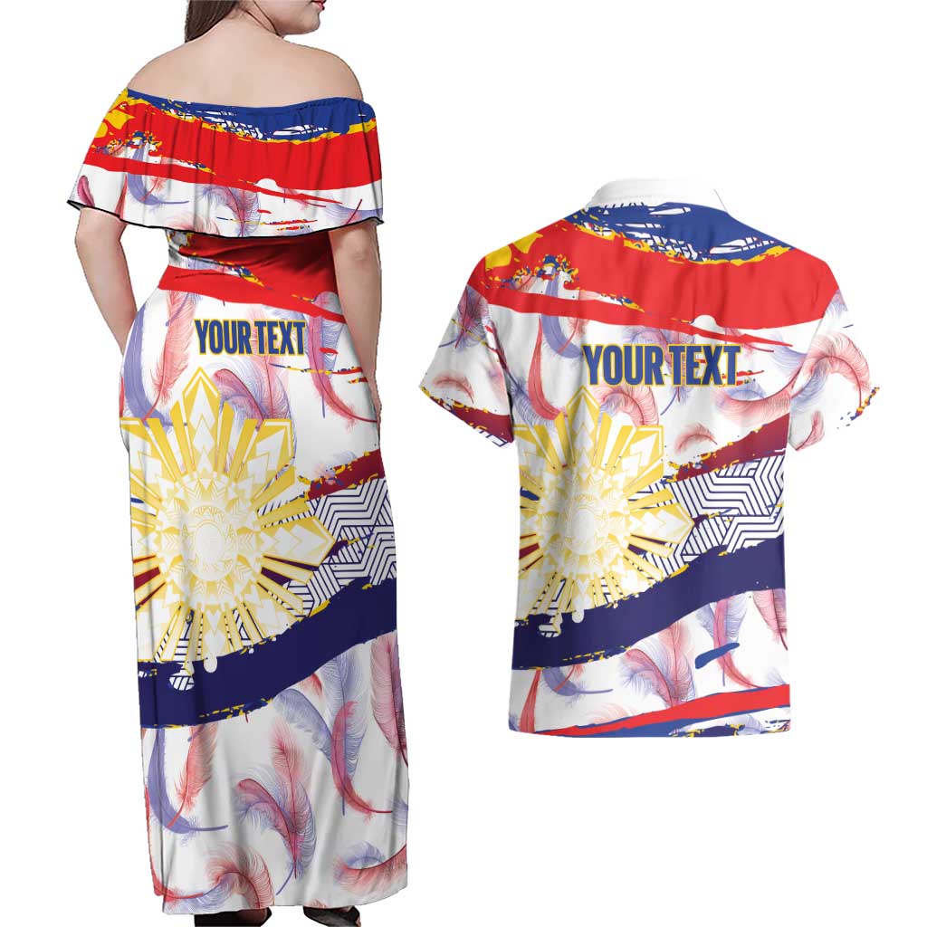 Philippines Sun Tattoo Couples Matching Off Shoulder Maxi Dress and Hawaiian Shirt Feathers Filipinas Grunge Style White LT14 - Polynesian Pride