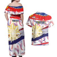Philippines Sun Tattoo Couples Matching Off Shoulder Maxi Dress and Hawaiian Shirt Feathers Filipinas Grunge Style White LT14 - Polynesian Pride