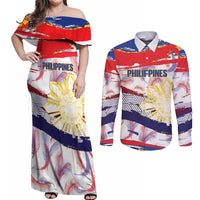 Philippines Sun Tattoo Couples Matching Off Shoulder Maxi Dress and Long Sleeve Button Shirt Feathers Filipinas Grunge Style White