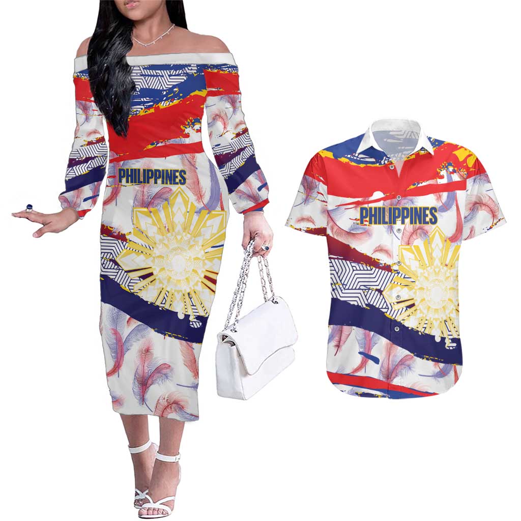 Philippines Sun Tattoo Couples Matching Off The Shoulder Long Sleeve Dress and Hawaiian Shirt Feathers Filipinas Grunge Style White LT14 White - Polynesian Pride