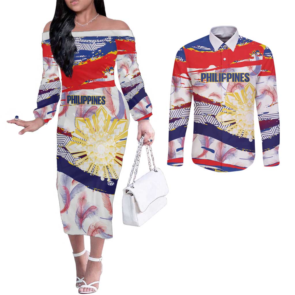 Philippines Sun Tattoo Couples Matching Off The Shoulder Long Sleeve Dress and Long Sleeve Button Shirt Feathers Filipinas Grunge Style White LT14 White - Polynesian Pride