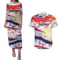 Philippines Sun Tattoo Couples Matching Puletasi and Hawaiian Shirt Feathers Filipinas Grunge Style White