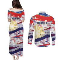 Philippines Sun Tattoo Couples Matching Puletasi and Long Sleeve Button Shirt Feathers Filipinas Grunge Style White LT14 - Polynesian Pride