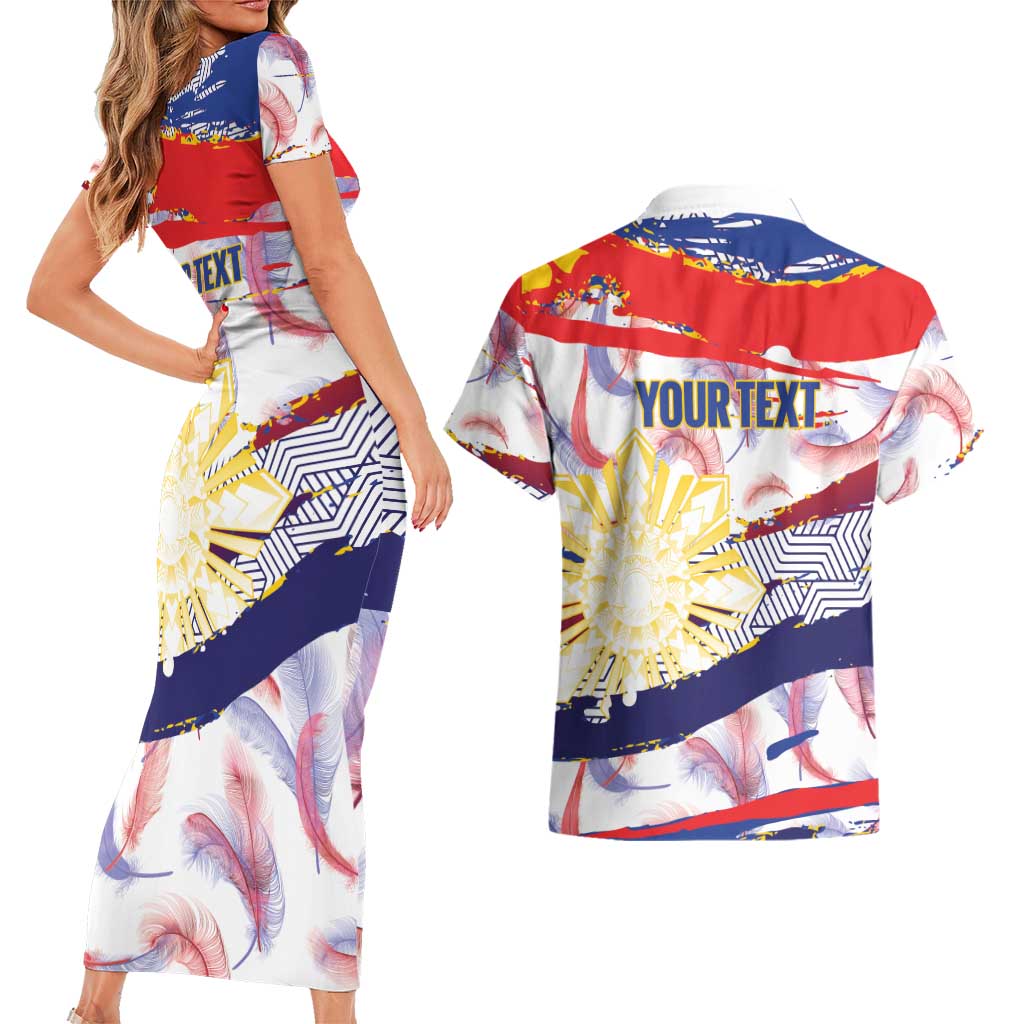 Philippines Sun Tattoo Couples Matching Short Sleeve Bodycon Dress and Hawaiian Shirt Feathers Filipinas Grunge Style White LT14 - Polynesian Pride