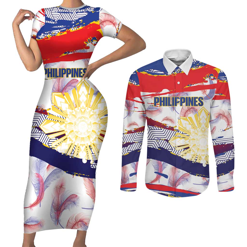 Philippines Sun Tattoo Couples Matching Short Sleeve Bodycon Dress and Long Sleeve Button Shirt Feathers Filipinas Grunge Style White LT14 White - Polynesian Pride