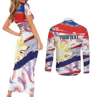 Philippines Sun Tattoo Couples Matching Short Sleeve Bodycon Dress and Long Sleeve Button Shirt Feathers Filipinas Grunge Style White LT14 - Polynesian Pride