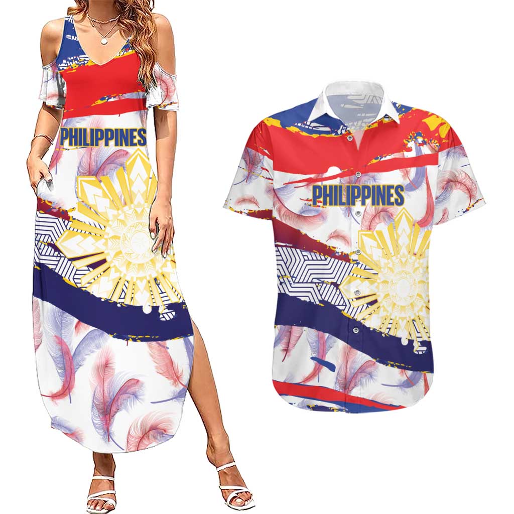 Philippines Sun Tattoo Couples Matching Summer Maxi Dress and Hawaiian Shirt Feathers Filipinas Grunge Style White