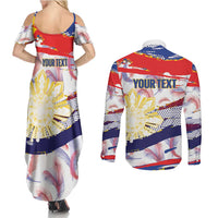 Philippines Sun Tattoo Couples Matching Summer Maxi Dress and Long Sleeve Button Shirt Feathers Filipinas Grunge Style White