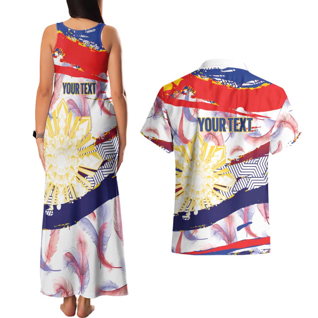 Philippines Sun Tattoo Couples Matching Tank Maxi Dress and Hawaiian Shirt Feathers Filipinas Grunge Style White LT14 - Polynesian Pride