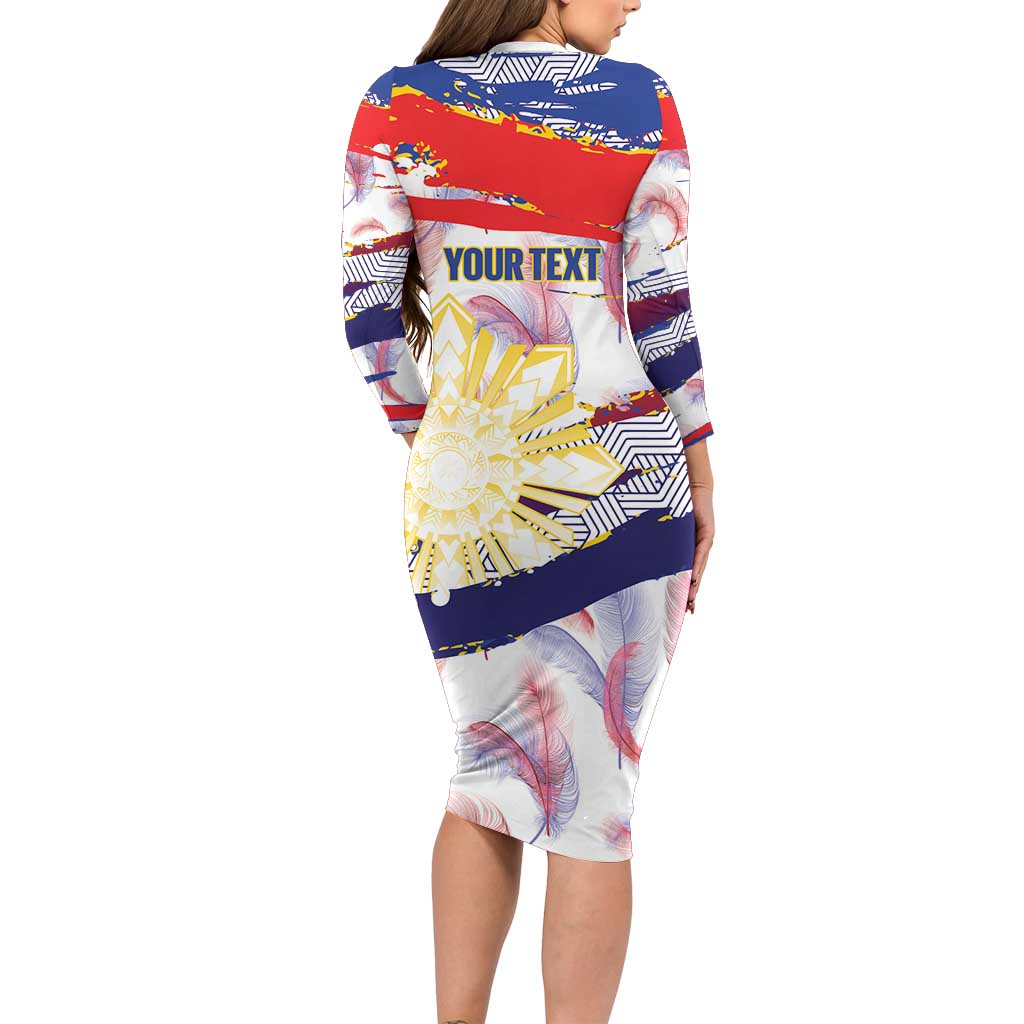 Philippines Sun Tattoo Family Matching Long Sleeve Bodycon Dress and Hawaiian Shirt Feathers Filipinas Grunge Style White LT14 - Polynesian Pride