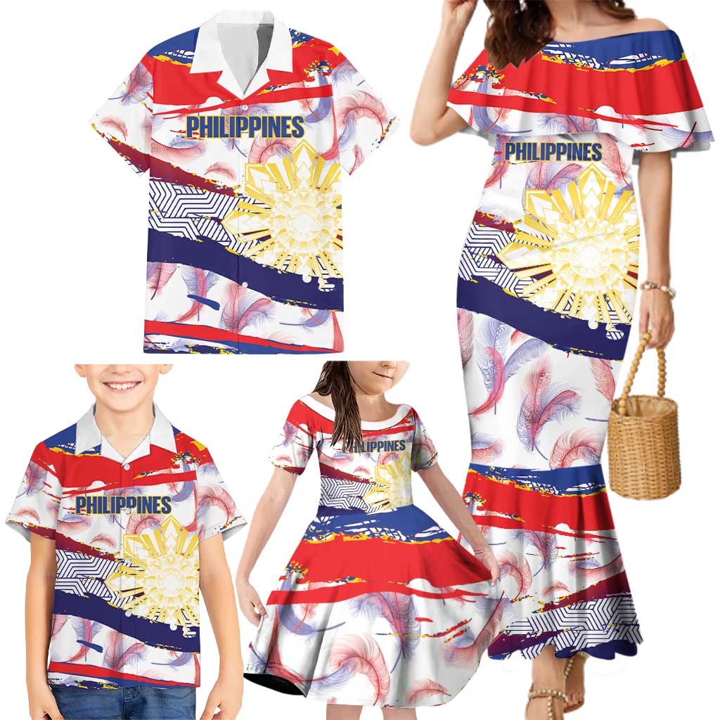 Philippines Sun Tattoo Family Matching Mermaid Dress and Hawaiian Shirt Feathers Filipinas Grunge Style White